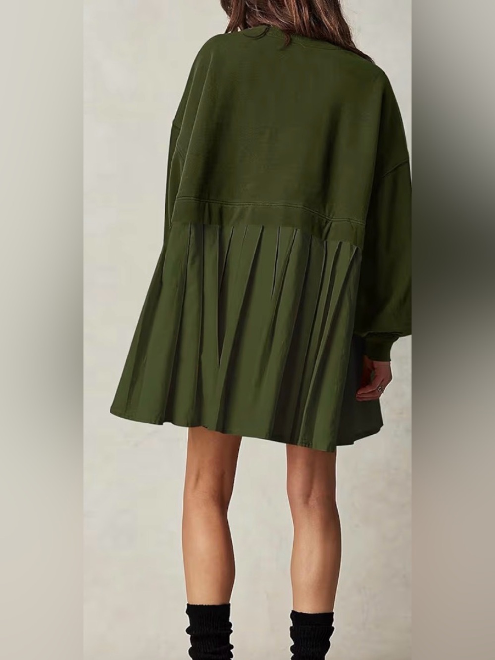 Olive Green Pleated Oversized Sweatshirt Dress - Picture 3 of 8
